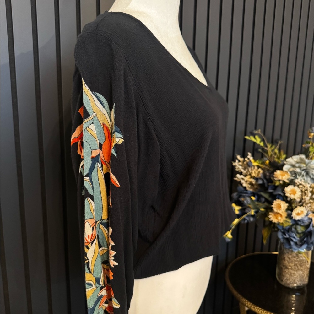Billabong Navy Blouse with Colorful Floral Sleeves
